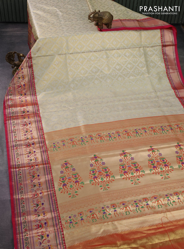Tissue paithani silk saree cream and pink with allover silver zari woven brocade weaves and zari woven paithani style border