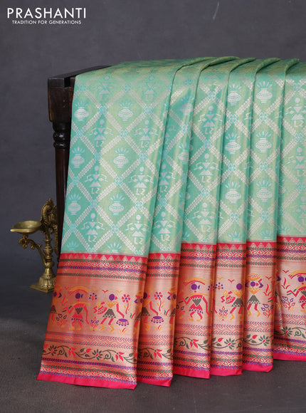 Tissue paithani silk saree teal green and pink with allover silver zari woven brocade weaves and long zari woven paithani style border