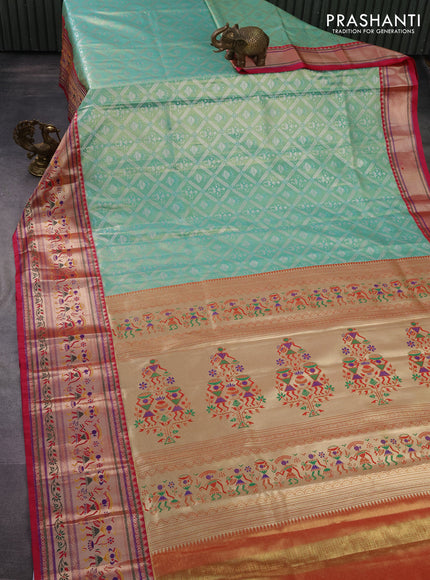 Tissue paithani silk saree teal green and pink with allover silver zari woven brocade weaves and long zari woven paithani style border