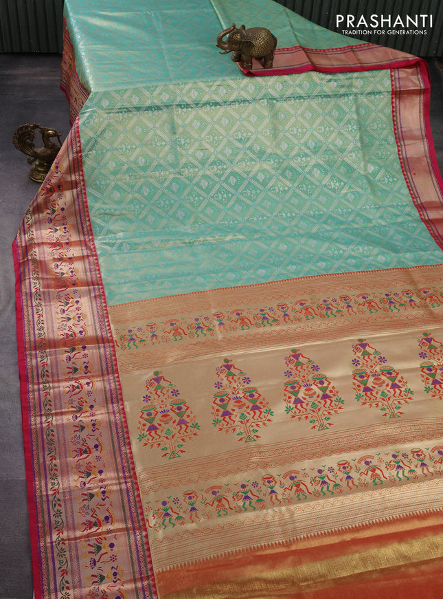 Tissue paithani silk saree teal green and pink with allover silver zari woven brocade weaves and long zari woven paithani style border