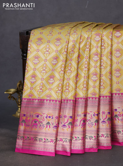 Tissue paithani silk saree mustard yellow and magenta pink with allover silver zari woven brocade weaves and long zari woven paithani style border