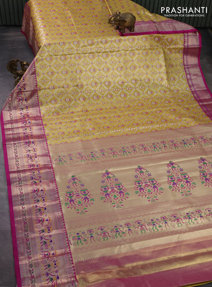 Tissue paithani silk saree mustard yellow and magenta pink with allover silver zari woven brocade weaves and long zari woven paithani style border