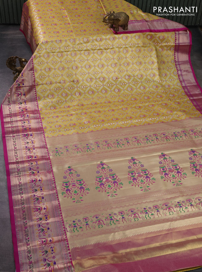 Tissue paithani silk saree mustard yellow and magenta pink with allover silver zari woven brocade weaves and long zari woven paithani style border