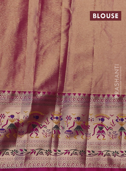 Tissue paithani silk saree mustard yellow and magenta pink with allover silver zari woven brocade weaves and long zari woven paithani style border