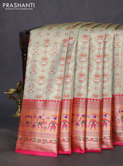 Tissue paithani silk saree pastel green and pink with allover silver zari woven brocade weaves and long zari woven paithani style border