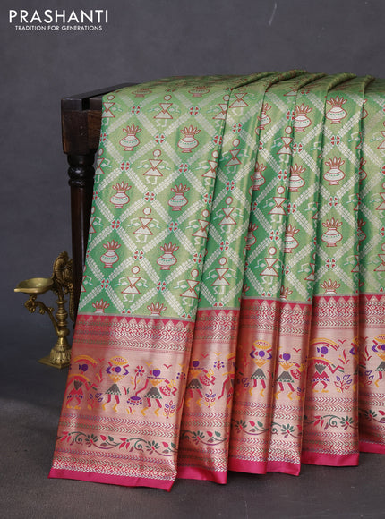 Tissue paithani silk saree green and dark magenta pink with allover silver zari woven brocade weaves and long zari woven paithani style border