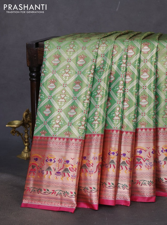 Tissue paithani silk saree green and dark magenta pink with allover silver zari woven brocade weaves and long zari woven paithani style border