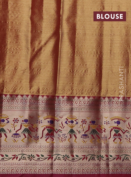 Tissue paithani silk saree green and dark magenta pink with allover silver zari woven brocade weaves and long zari woven paithani style border