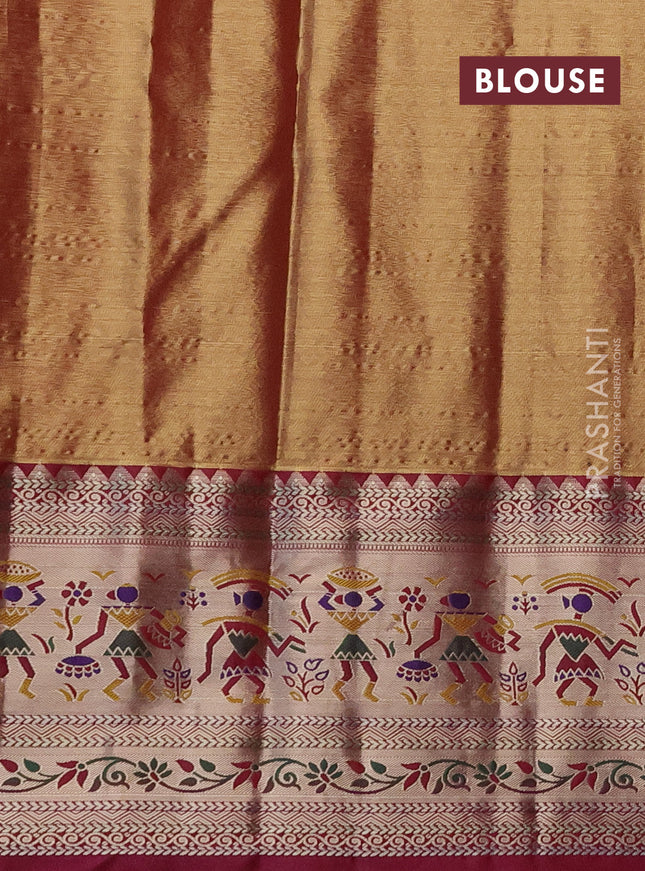 Tissue paithani silk saree green and dark magenta pink with allover silver zari woven brocade weaves and long zari woven paithani style border