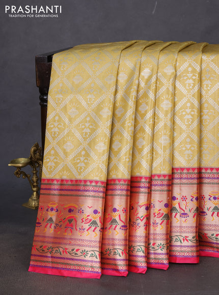 Tissue paithani silk saree yellow and pink with allover silver zari woven brocade weaves and long zari woven paithani style border