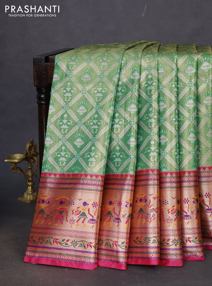Tissue paithani silk saree green and dark magenta pink with allover silver zari woven brocade weaves and long zari woven paithani style border