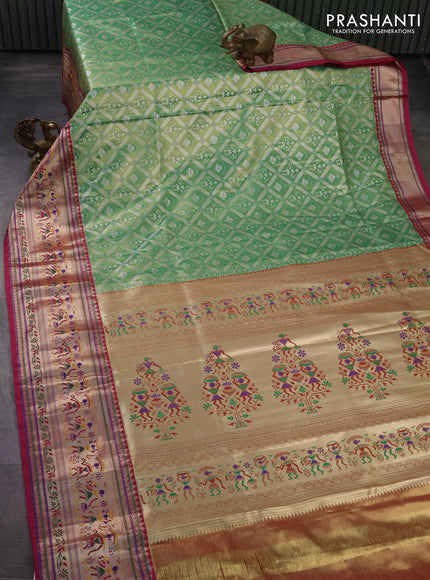 Tissue paithani silk saree green and dark magenta pink with allover silver zari woven brocade weaves and long zari woven paithani style border