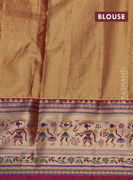 Tissue paithani silk saree green and dark magenta pink with allover silver zari woven brocade weaves and long zari woven paithani style border