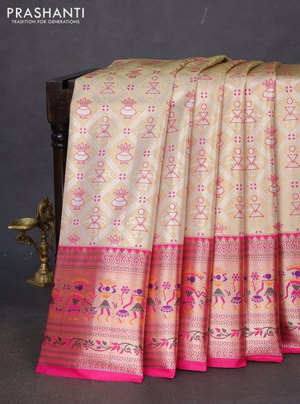 Tissue paithani silk saree gold and pink with allover silver zari woven brocade weaves and long zari woven paithani style border