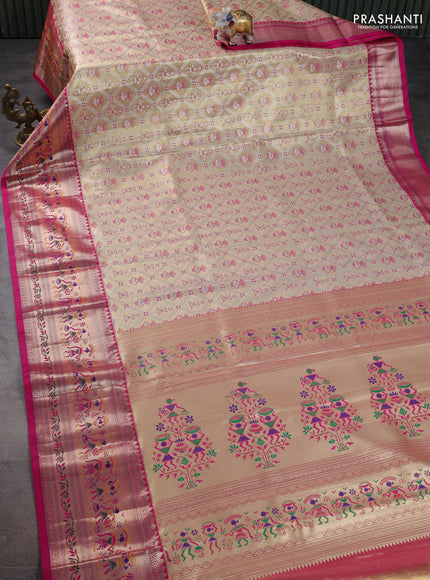 Tissue paithani silk saree gold and pink with allover silver zari woven brocade weaves and long zari woven paithani style border