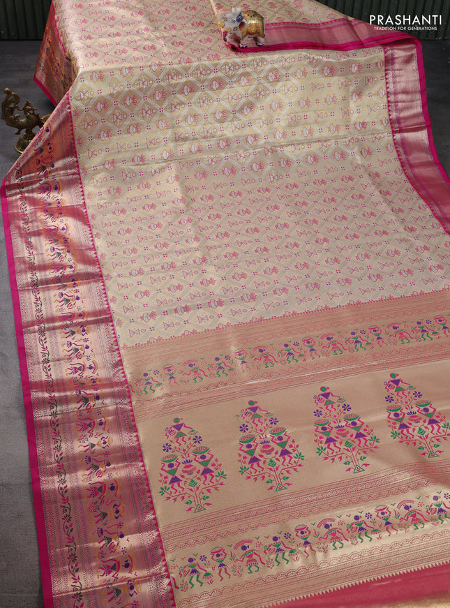 Tissue paithani silk saree gold and pink with allover silver zari woven brocade weaves and long zari woven paithani style border