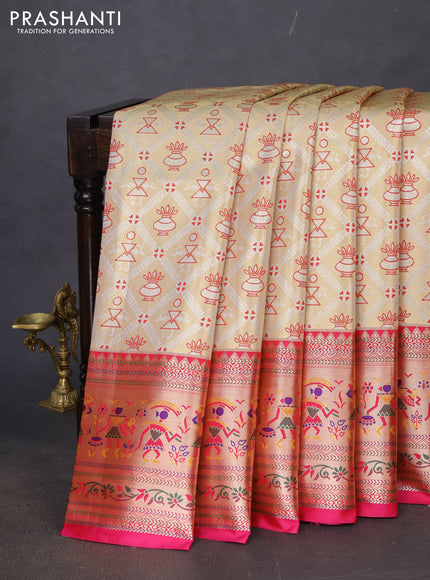 Tissue paithani silk saree gold red and pink with allover silver zari woven brocade weaves and long zari woven paithani style border