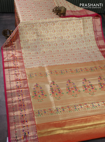 Tissue paithani silk saree gold red and pink with allover silver zari woven brocade weaves and long zari woven paithani style border