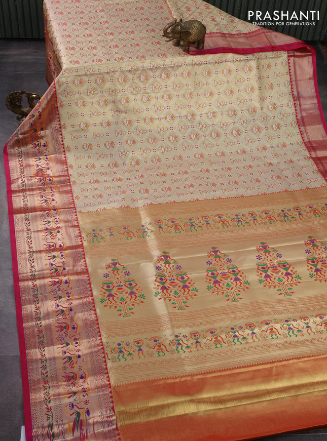 Tissue paithani silk saree gold red and pink with allover silver zari woven brocade weaves and long zari woven paithani style border