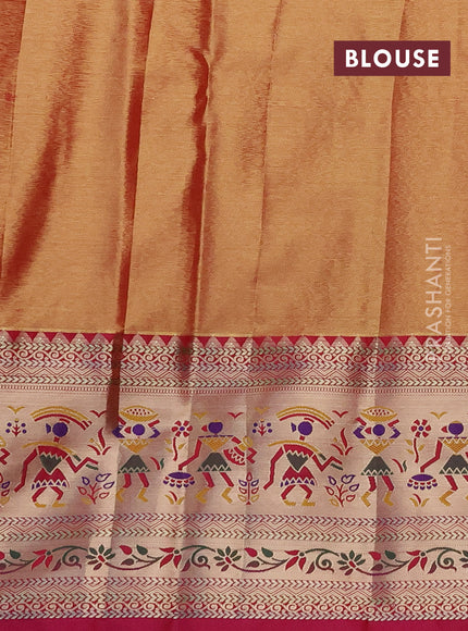Tissue paithani silk saree gold red and pink with allover silver zari woven brocade weaves and long zari woven paithani style border