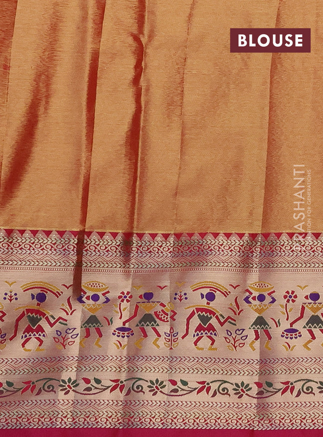 Tissue paithani silk saree gold red and pink with allover silver zari woven brocade weaves and long zari woven paithani style border