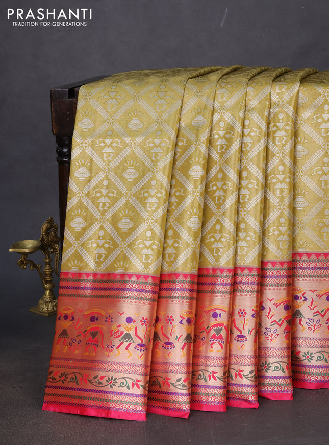 Tissue paithani silk saree mustard yellow and pink with allover silver zari woven brocade weaves and long zari woven paithani style border