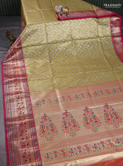 Tissue paithani silk saree mustard yellow and pink with allover silver zari woven brocade weaves and long zari woven paithani style border