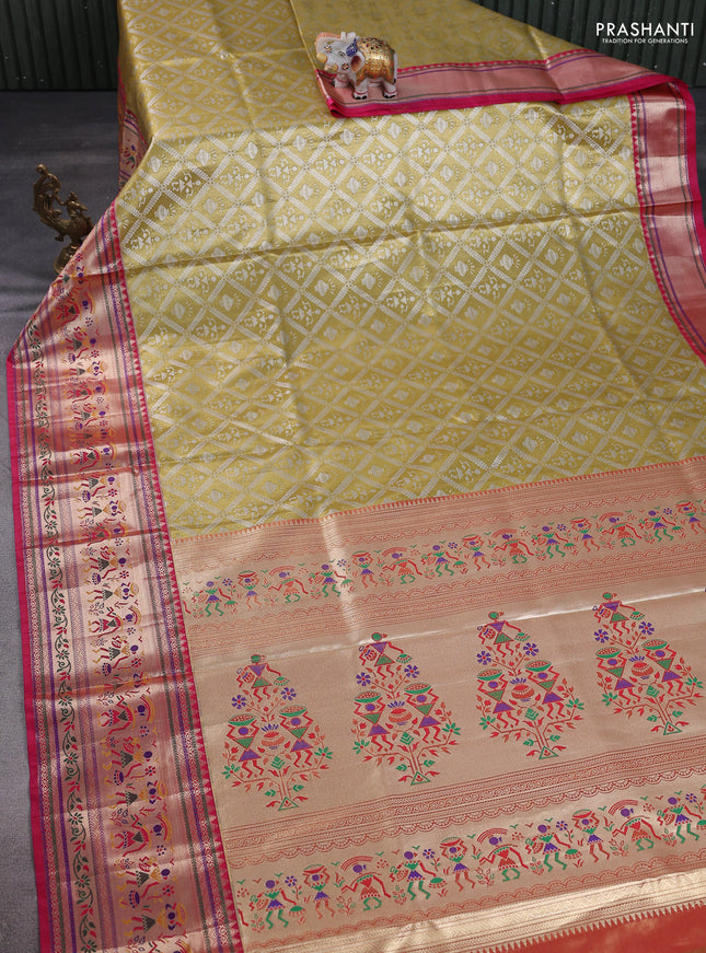 Tissue paithani silk saree mustard yellow and pink with allover silver zari woven brocade weaves and long zari woven paithani style border