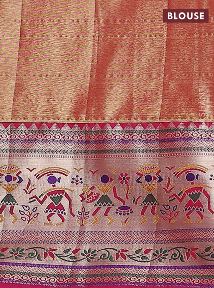 Tissue paithani silk saree mustard yellow and pink with allover silver zari woven brocade weaves and long zari woven paithani style border