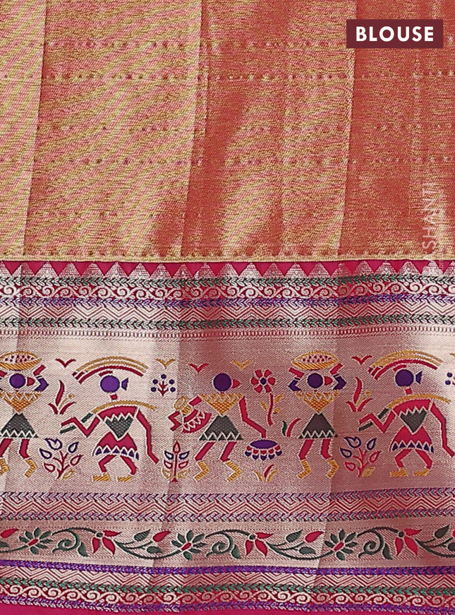 Tissue paithani silk saree mustard yellow and pink with allover silver zari woven brocade weaves and long zari woven paithani style border