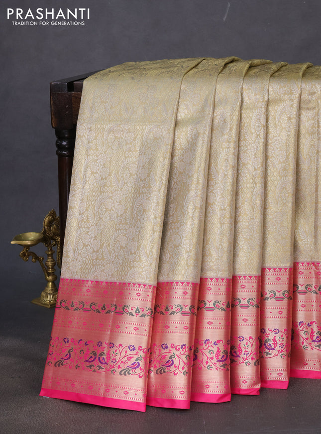 Tissue paithani silk saree beige and pink with allover silver zari woven brocade weaves and zari woven paithani style border