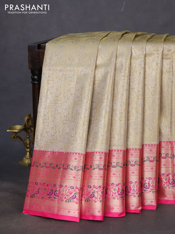 Tissue paithani silk saree beige and pink with allover silver zari woven brocade weaves and zari woven paithani style border