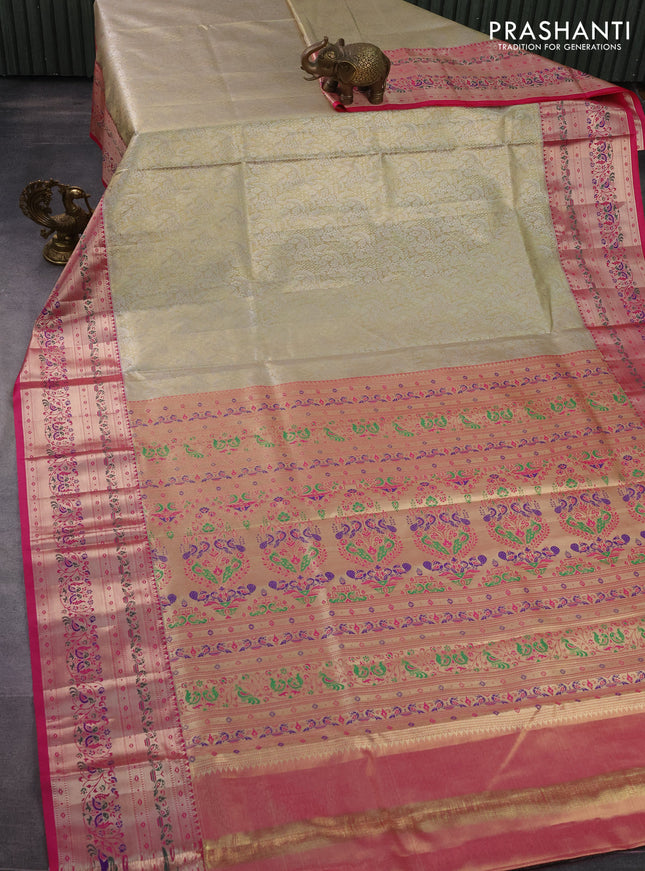 Tissue paithani silk saree beige and pink with allover silver zari woven brocade weaves and zari woven paithani style border