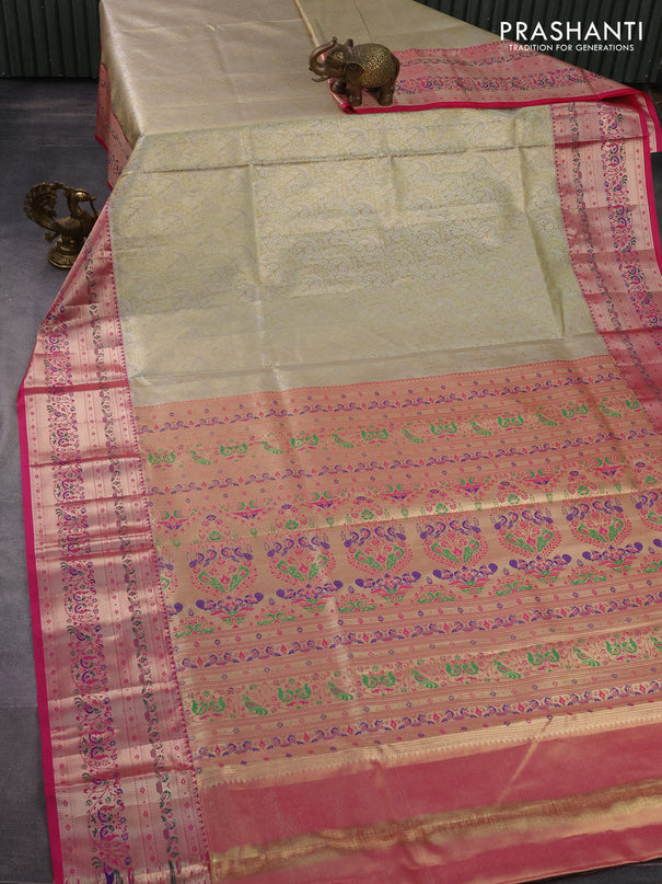 Tissue paithani silk saree beige and pink with allover silver zari woven brocade weaves and zari woven paithani style border