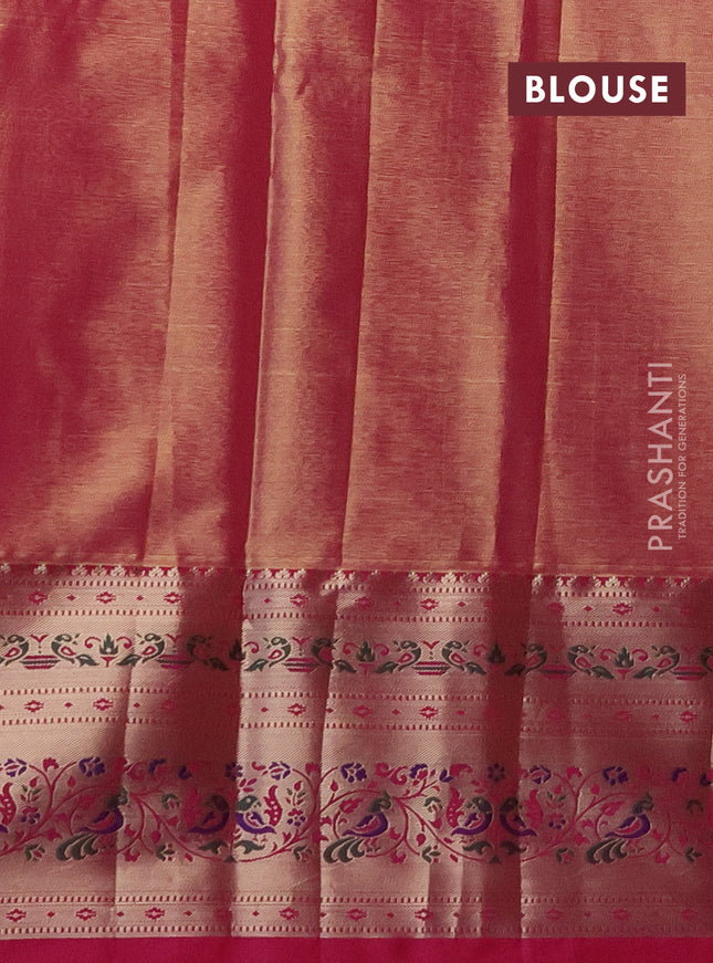 Tissue paithani silk saree beige and pink with allover silver zari woven brocade weaves and zari woven paithani style border