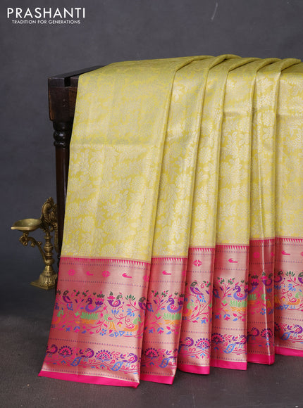 Tissue paithani silk saree yellow and pink with allover silver zari woven brocade weaves and zari woven paithani style border