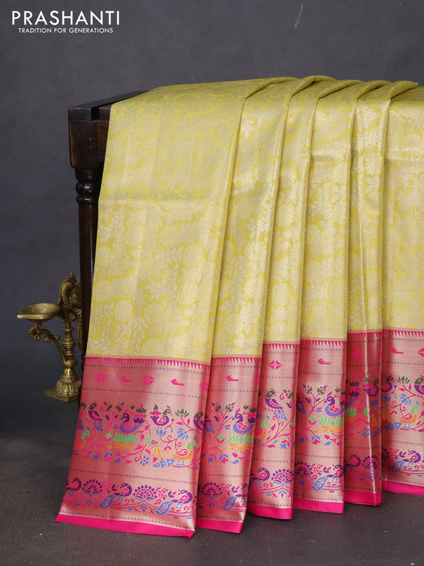 Tissue paithani silk saree yellow and pink with allover silver zari woven brocade weaves and zari woven paithani style border