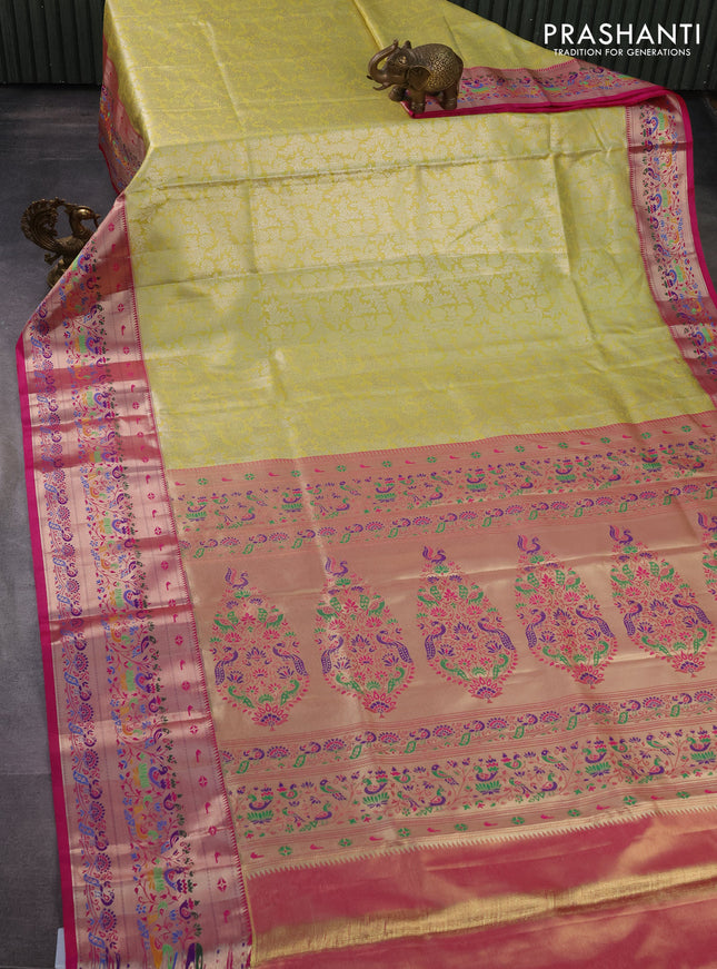 Tissue paithani silk saree yellow and pink with allover silver zari woven brocade weaves and zari woven paithani style border