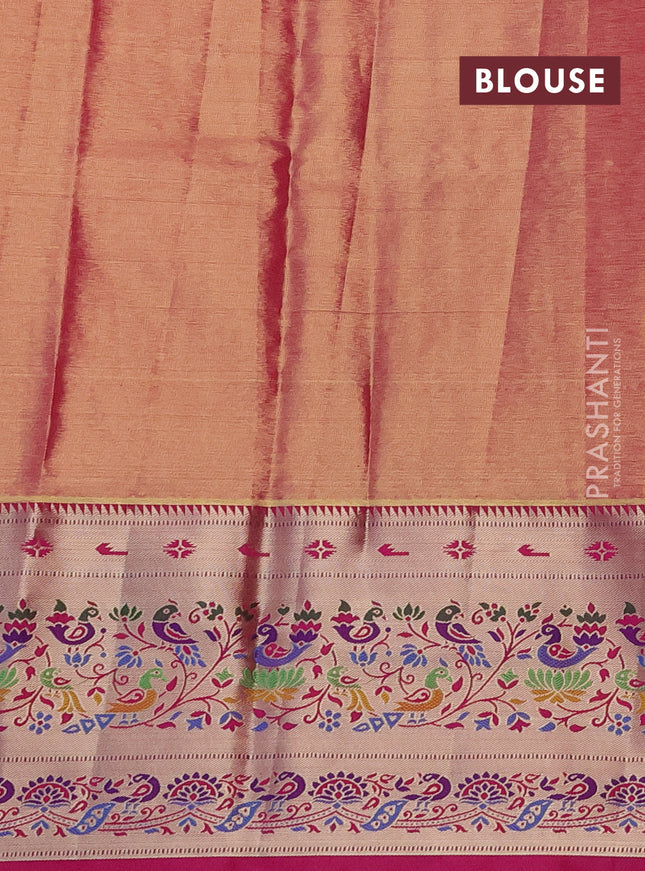 Tissue paithani silk saree yellow and pink with allover silver zari woven brocade weaves and zari woven paithani style border