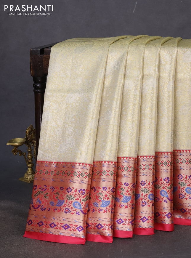 Tissue paithani silk saree gold and pink with allover silver zari woven brocade weaves and zari woven paithani style border