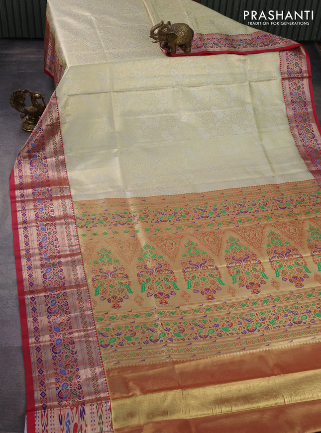 Tissue paithani silk saree gold and pink with allover silver zari woven brocade weaves and zari woven paithani style border