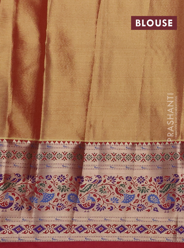 Tissue paithani silk saree gold and pink with allover silver zari woven brocade weaves and zari woven paithani style border