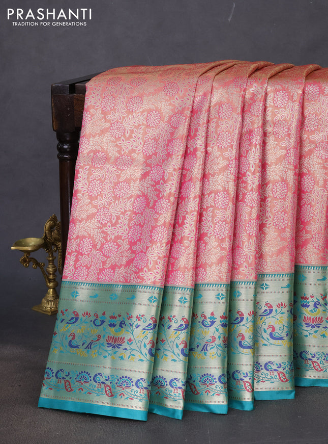 Tissue paithani silk saree pink shade and teal green with allover silver zari woven brocade weaves and zari woven paithani style border