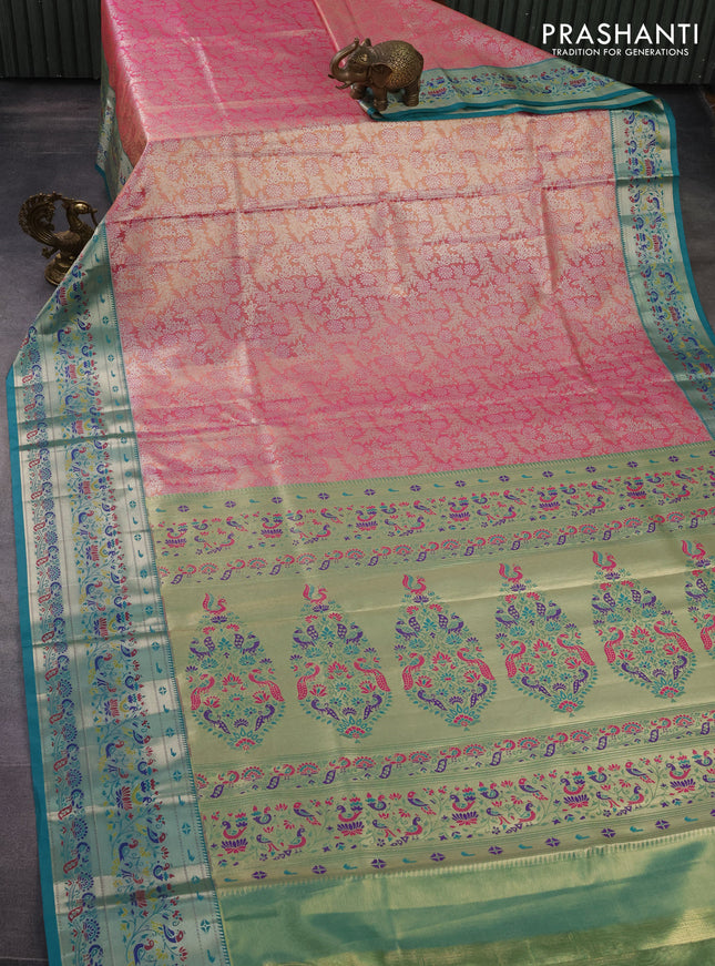Tissue paithani silk saree pink shade and teal green with allover silver zari woven brocade weaves and zari woven paithani style border