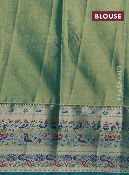 Tissue paithani silk saree pink shade and teal green with allover silver zari woven brocade weaves and zari woven paithani style border