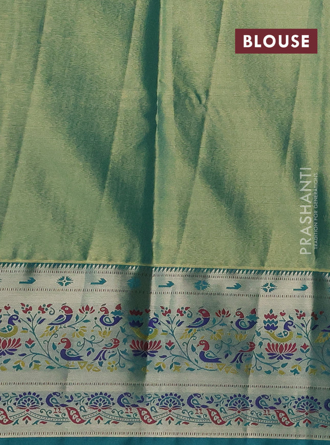 Tissue paithani silk saree pink shade and teal green with allover silver zari woven brocade weaves and zari woven paithani style border