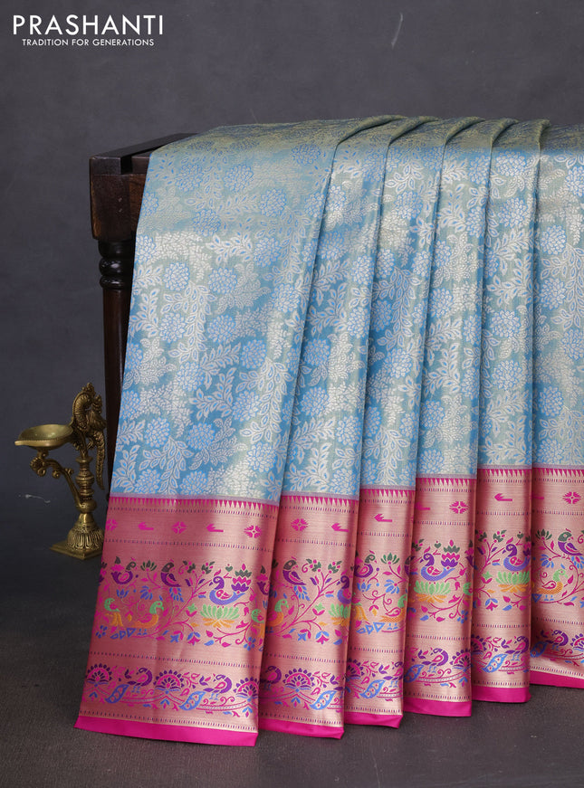 Tissue paithani silk saree light blue and pink with allover silver zari woven brocade weaves and long zari woven paithani style border