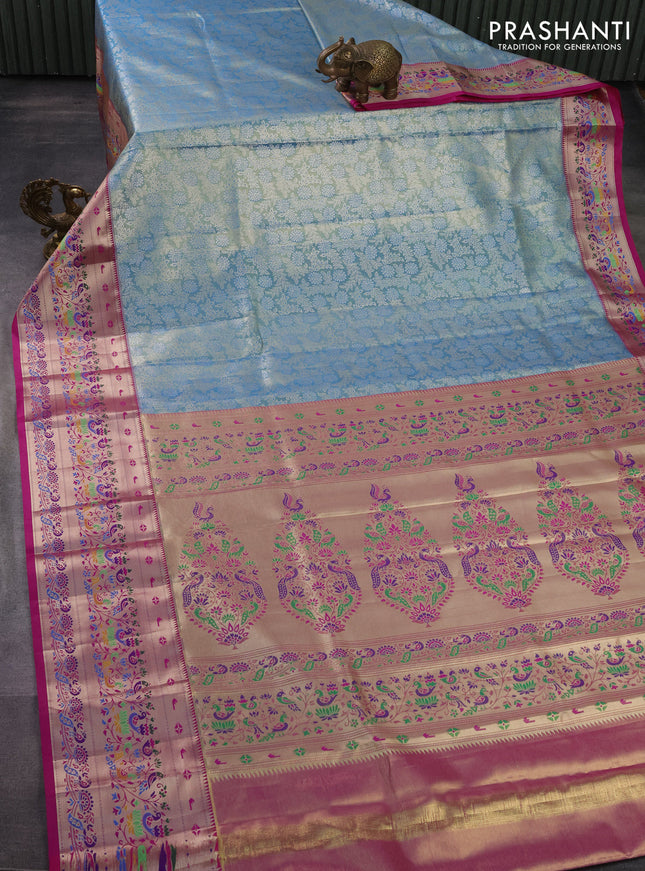 Tissue paithani silk saree light blue and pink with allover silver zari woven brocade weaves and long zari woven paithani style border