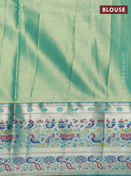 Tissue paithani silk saree yellow and teal blue with allover silver zari woven brocade weaves and zari woven paithani style border