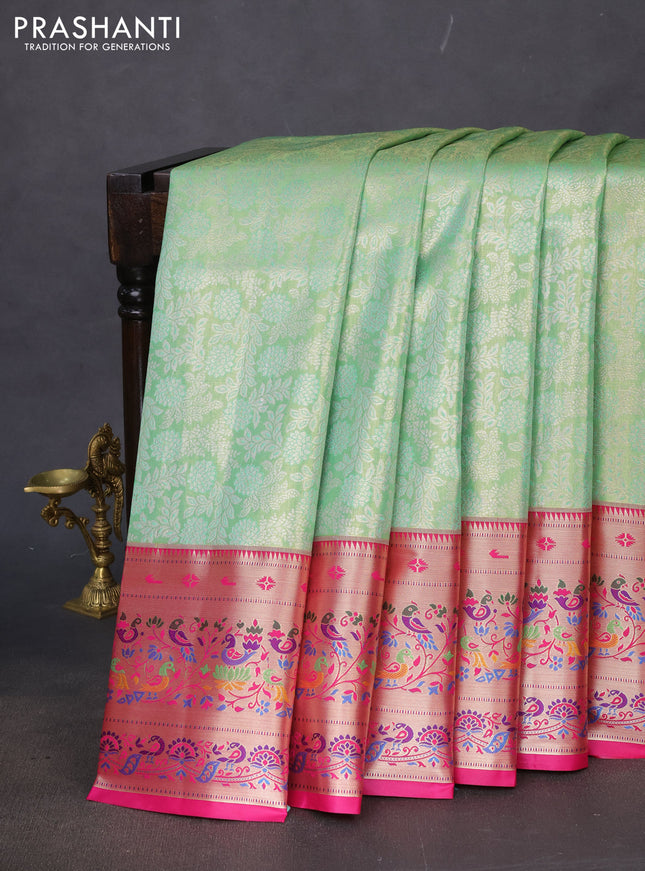 Tissue paithani silk saree light green and pink with allover silver zari woven brocade weaves and zari woven paithani style border